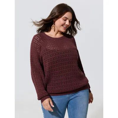 Bloomchic Textured Cut Out Round Neck Long Sleeve Pullover In Plum