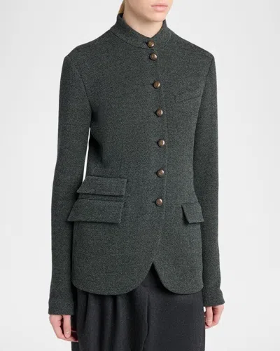 Giorgio Armani Fitted Herringbone Wool-blend Blazer In Solid Black