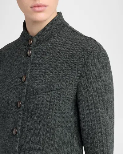 Giorgio Armani Fitted Herringbone Wool-blend Blazer In Solid Black