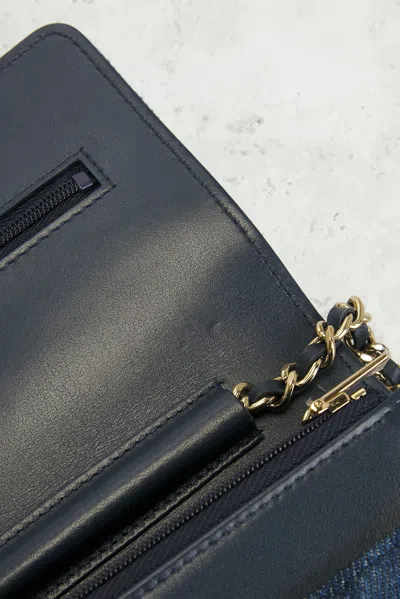 Pre-owned Chanel Denim Printed Wallet On Chain In Blue
