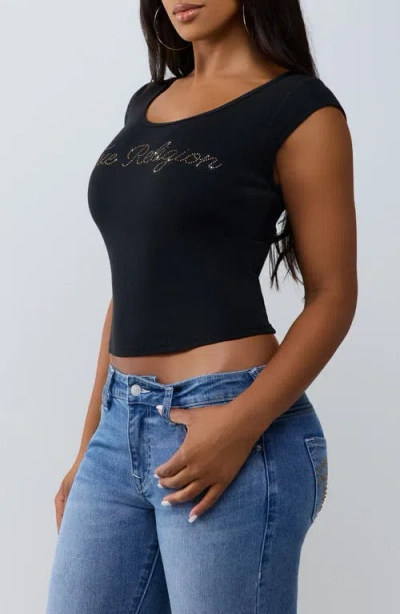 True Religion Script Ribbed Scoop Neck T-shirt In Black