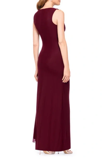 Betsy & Adam Drape Stretch Mesh Gown In Burgundy