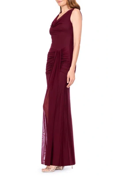 Betsy & Adam Drape Stretch Mesh Gown In Burgundy