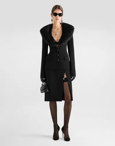 Dolce & Gabbana V-neck Jacket With Faux Fur Collar In Black