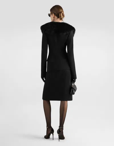 Dolce & Gabbana V-neck Jacket With Faux Fur Collar In Black