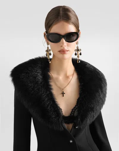 Dolce & Gabbana V-neck Jacket With Faux Fur Collar In Black