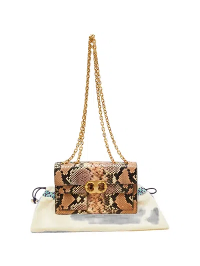 Pre-owned Tory Burch Gemini Python-embossed Shoulder Bag In Neutrals