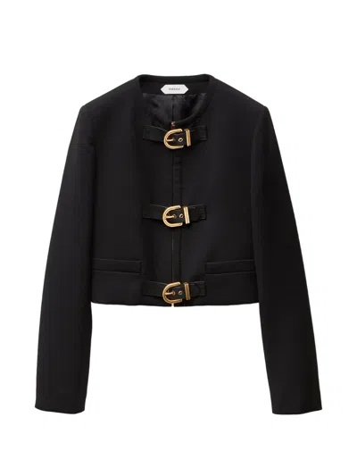 Versace Wool Buckle Front Jacket In Black