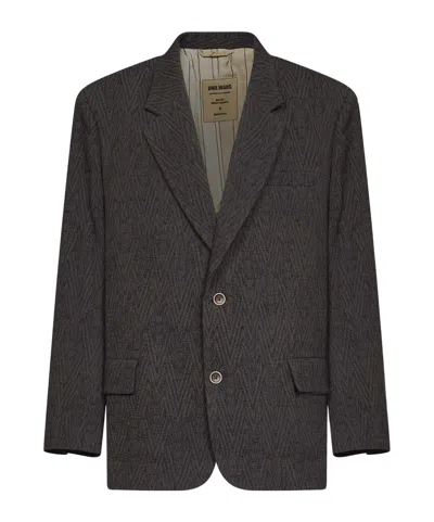 Uma Wang Brown And Blue Stretch Wool Chevron Java Blazer In Gray