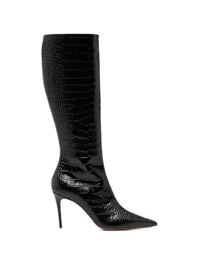 Paris Texas Stiletto 105 Croc-embossed Leather Knee-high Boots In Black