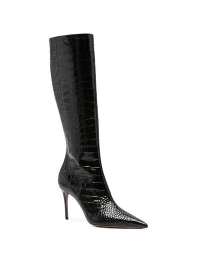 Paris Texas Stiletto 105 Croc-embossed Leather Knee-high Boots In Black