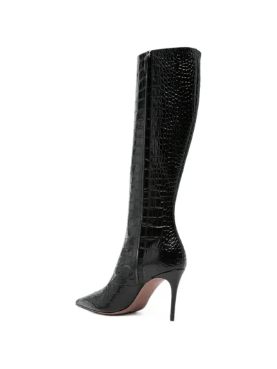 Paris Texas Stiletto 105 Croc-embossed Leather Knee-high Boots In Black