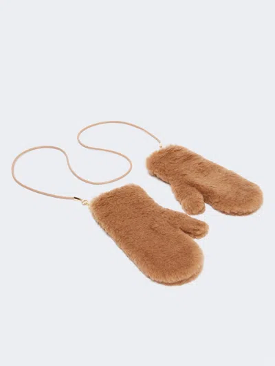 Max Mara Teddy Fabric Mittens Attached String In Brown