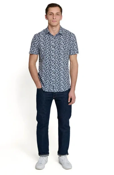 Wrk W.r.k Leaf Print Short Sleeve Performance Button-up Shirt In Blue