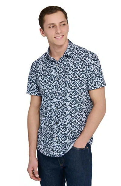 Wrk W.r.k Leaf Print Short Sleeve Performance Button-up Shirt In Blue