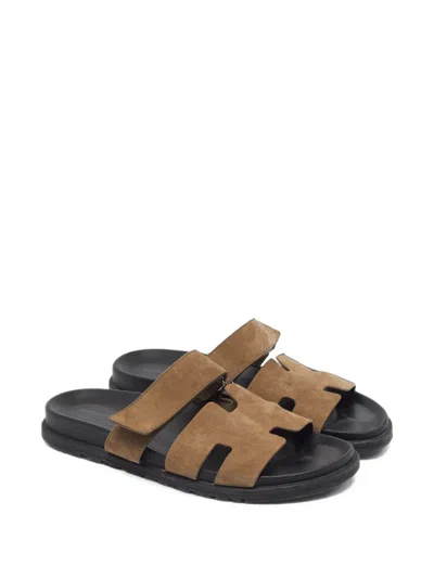 Pre-owned Hermes Chypre Touch-strap Sandals In Brown