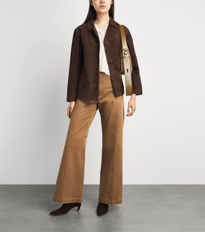 Tory Burch Goat Leather Button-front Jacket With Classic Collar In Brown