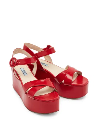 Pre-owned Prada Wedge Ankle Strap Sandals In Red