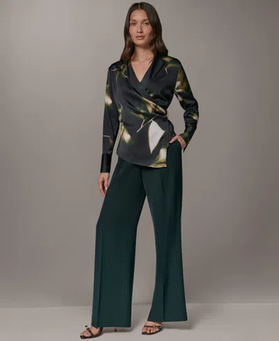 Donna Karan Printed Hardware Trim Side Ruched Blouse In Dk11773 Olive Brine Multi