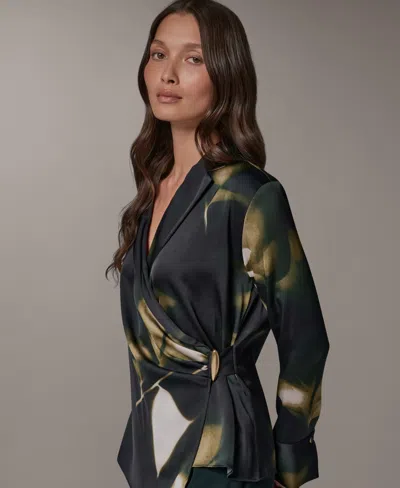 Donna Karan Printed Hardware Trim Side Ruched Blouse In Dk11773 Olive Brine Multi