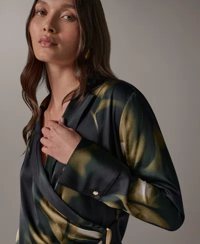 Donna Karan Printed Hardware Trim Side Ruched Blouse In Dk11773 Olive Brine Multi