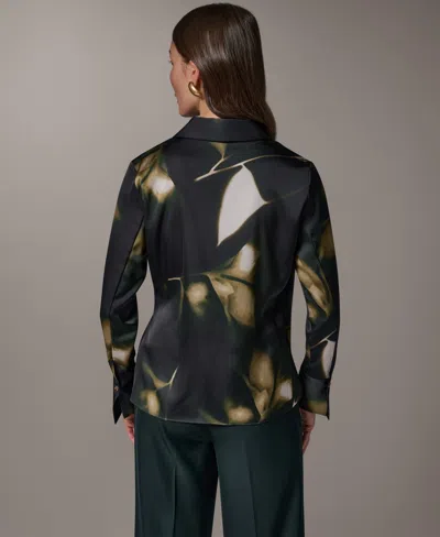 Donna Karan Printed Hardware Trim Side Ruched Blouse In Dk11773 Olive Brine Multi