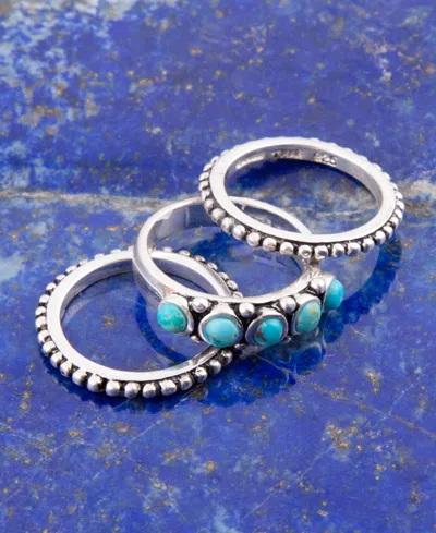 Barse Triple Blue Turquoise And Silver Stack Ring In Silver