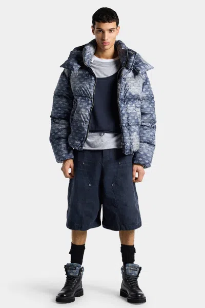 Dsquared2 Patterned Hooded Polyester Down Jacket In Blue