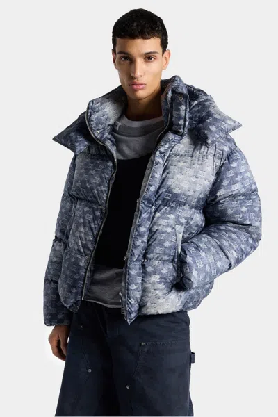 Dsquared2 Patterned Hooded Polyester Down Jacket In Blue