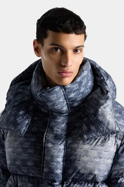 Dsquared2 Patterned Hooded Polyester Down Jacket In Blue