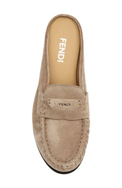 Fendi Suede Slides With Logo In Neutral