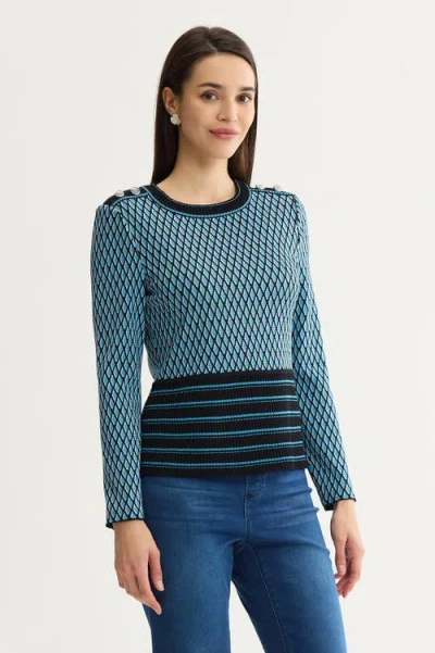 Ming Wang Diamond Pattern Soft Ribbed Knit Top In Tranquil Blue