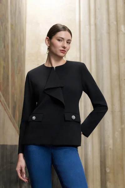 Ming Wang Stretch Deco Crepe Drape Front Jacket In Black