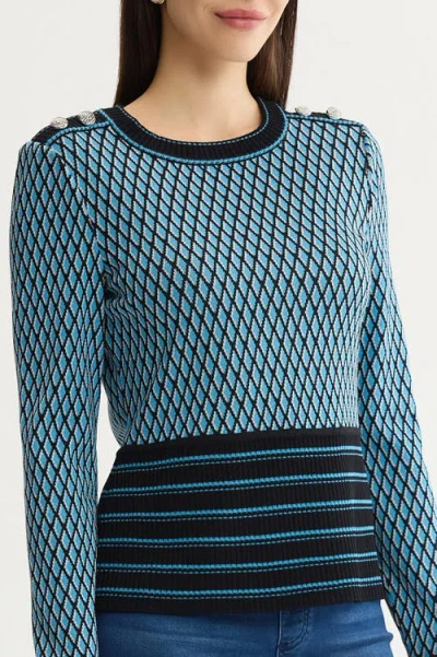 Ming Wang Diamond Pattern Soft Ribbed Knit Top In Blue