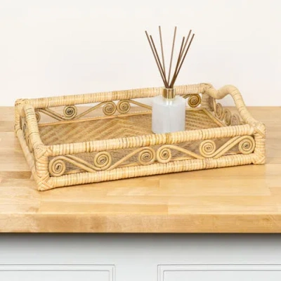 Happimess Baron Handcrafted Rattan/wood Webbing Rectangular Woven Scroll Decorative Serving Tray Wit In Brown