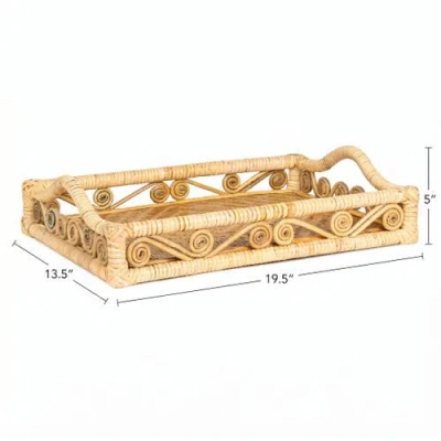 Happimess Baron Handcrafted Rattan/wood Webbing Rectangular Woven Scroll Decorative Serving Tray Wit In Brown