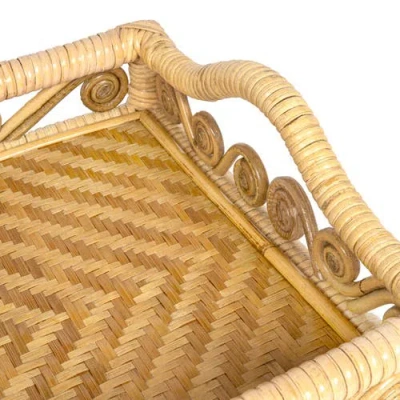 Happimess Baron Handcrafted Rattan/wood Webbing Rectangular Woven Scroll Decorative Serving Tray Wit In Brown