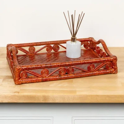 Happimess Baron Handcrafted Rattan/wood Webbing Rectangular Woven Scroll Decorative Serving Tray Wit In Multi