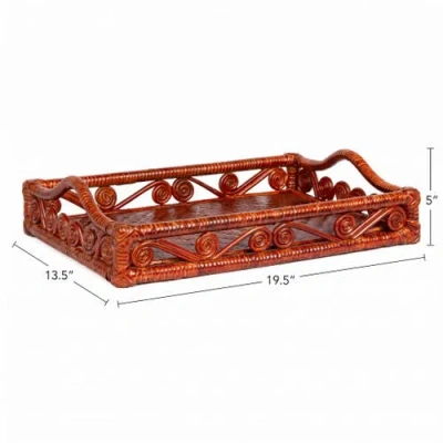 Happimess Baron Handcrafted Rattan/wood Webbing Rectangular Woven Scroll Decorative Serving Tray Wit In Multi