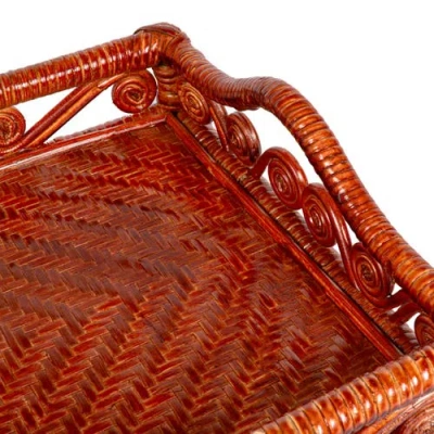 Happimess Baron Handcrafted Rattan/wood Webbing Rectangular Woven Scroll Decorative Serving Tray Wit In Multi