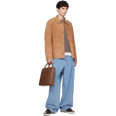 Hugo Boss Tan Button-up Suede Checkered Lining Leather Jacket In Pattern