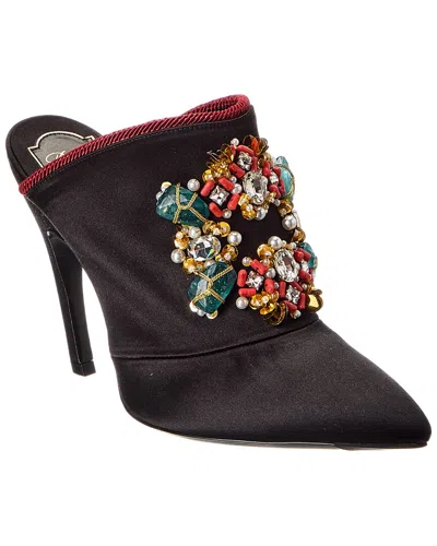 Roger Vivier Black Satin Crystals Embellished Mules In Black