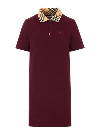 Burberry Dress Checked Collar Short Sleeves Design In Burgundy