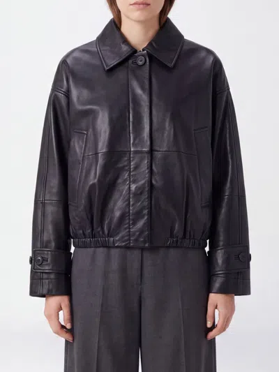 Rohe Cropped Leather Bomber Blouson Jacket With Dropped Shoulders In Black