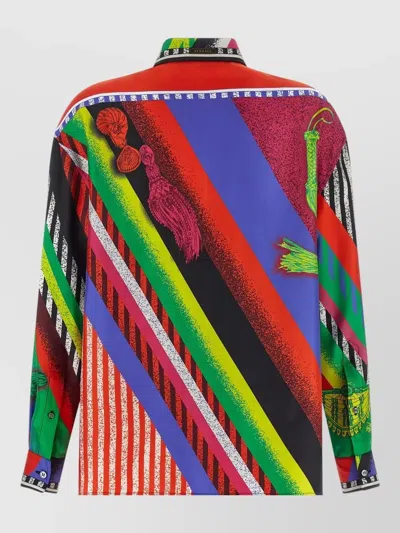 Versace Silk All-over Print Button-front Shirt With Classic Collar In Multi