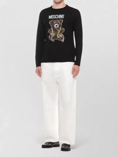 Moschino Virgin Wool Ribbed Crewneck Long-sleeve T-shirt In Black