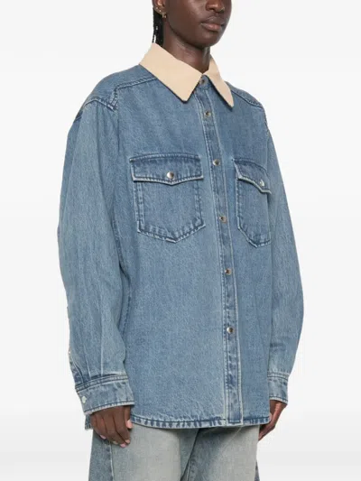 System Corduroy-collar Chest-pocket Denim Jacket In Blue