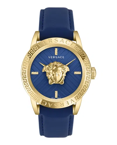 Versace V-code Strap Watch With Blue Guilloche Dial In Blue