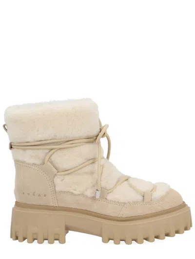 Hogan H700 Shearling-trimmed Suede Ankle Boots In Neutral
