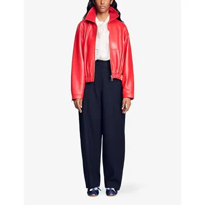 Sandro Womens Elasticated-hem Leather Jacket Red In Red
